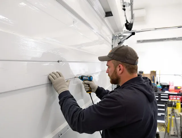 Southbury Garage Door Repair technician demonstrating precision dent removal techniques on a Southbury garage door