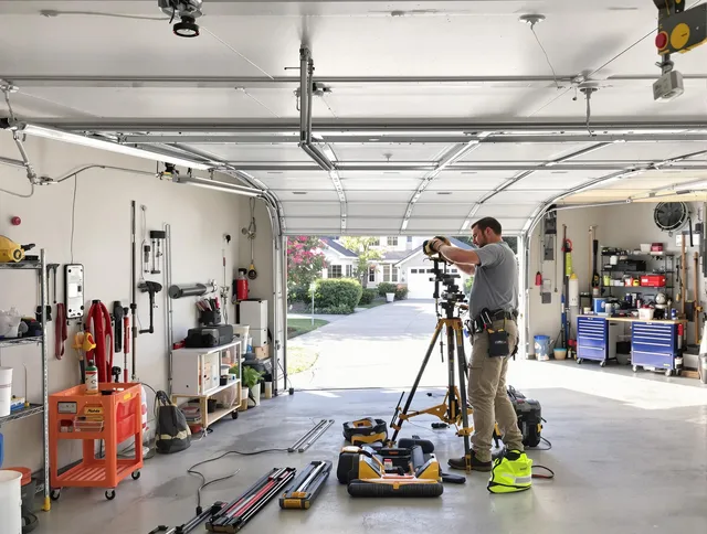 Southbury Garage Door Repair specialist performing laser-guided track alignment in Southbury